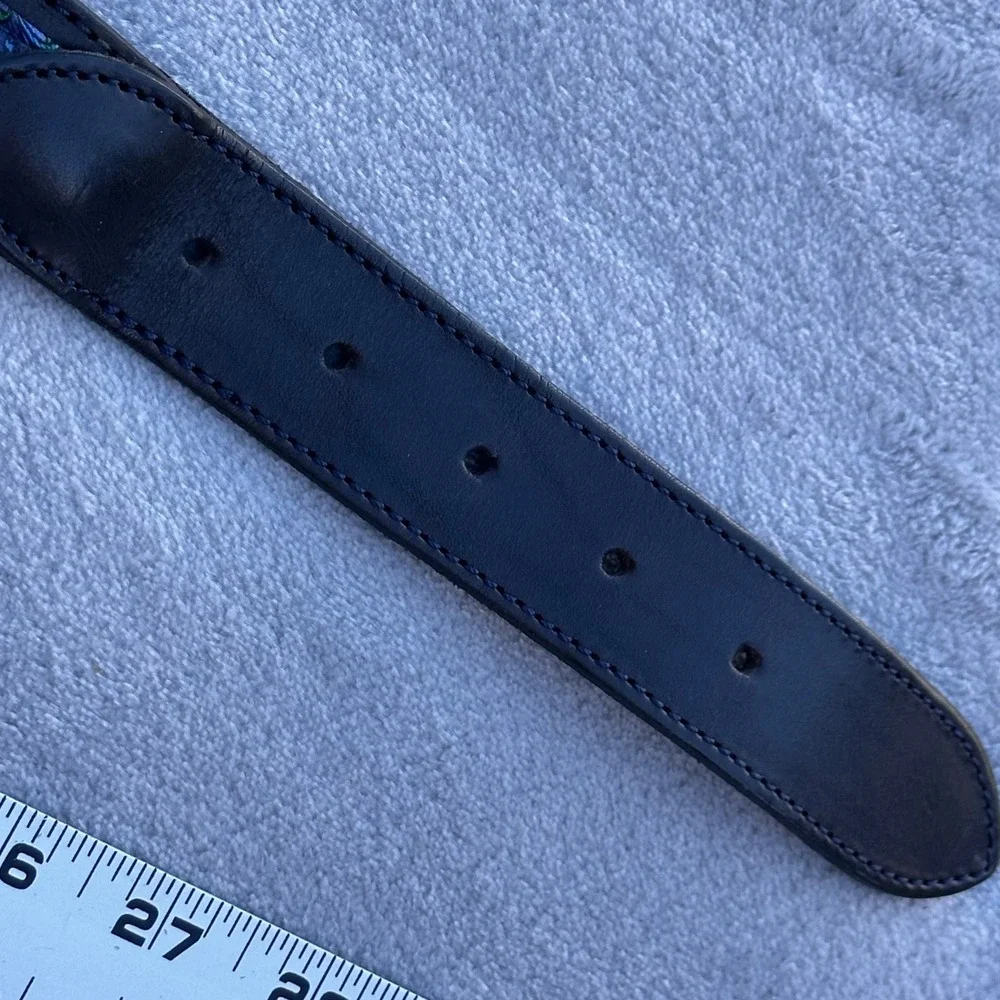 Vintage Croquet Black Leather Paisley Blue Fabric Belt Brass Buckle 36